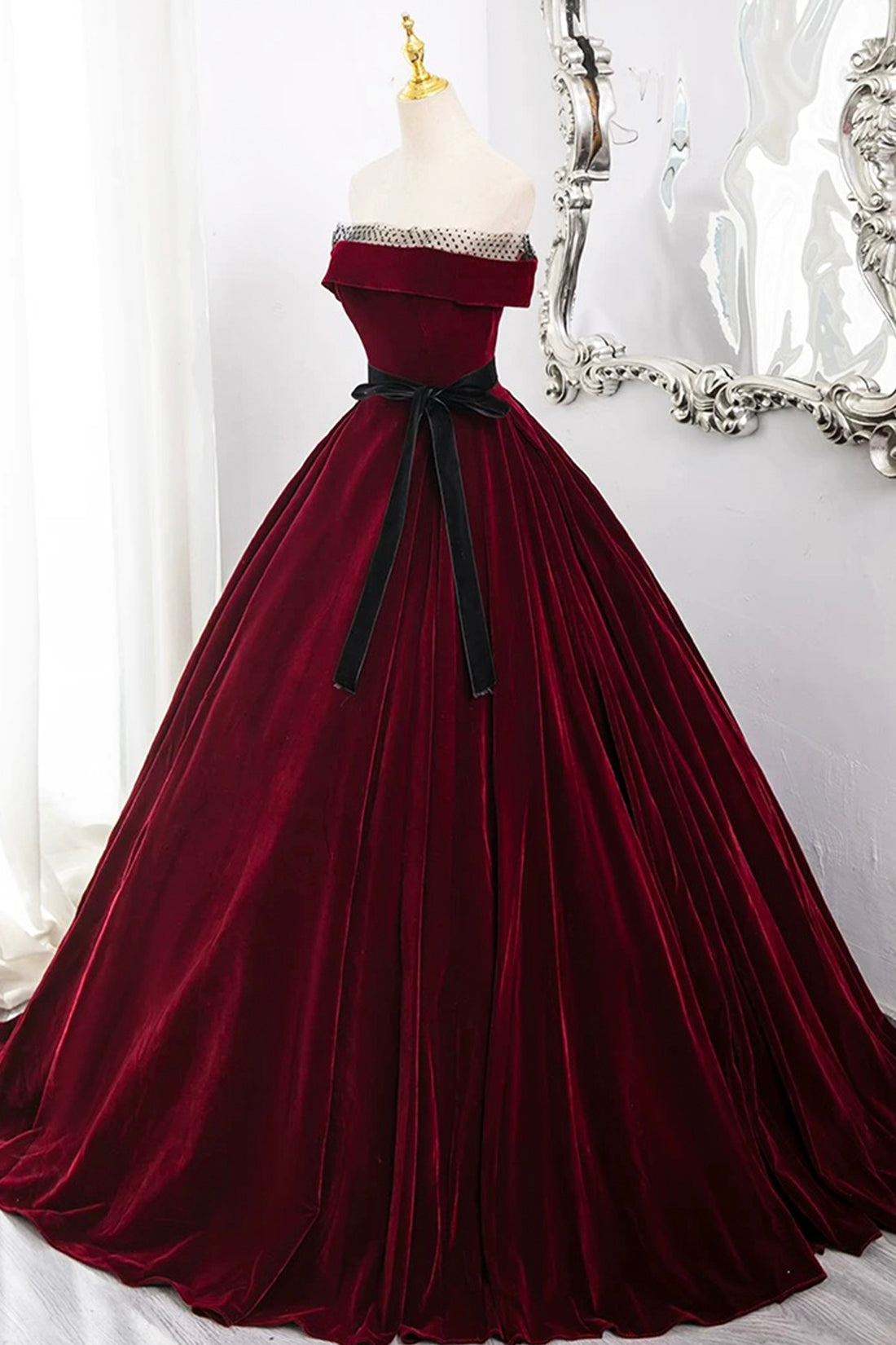 Burgundy Velvet Long Formal Dress, Off the Shoulder Evening Party Dress