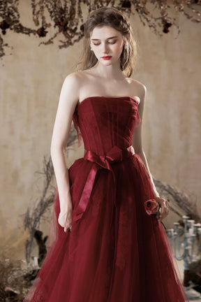 Burgundy Tulle Lace Long Prom Dress, A-Line Strapless Formal Evening Dress