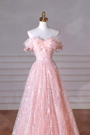 Pink Lace Sequins Floor Length Prom Dress, Beautiful Off the Shoulder Party Dress