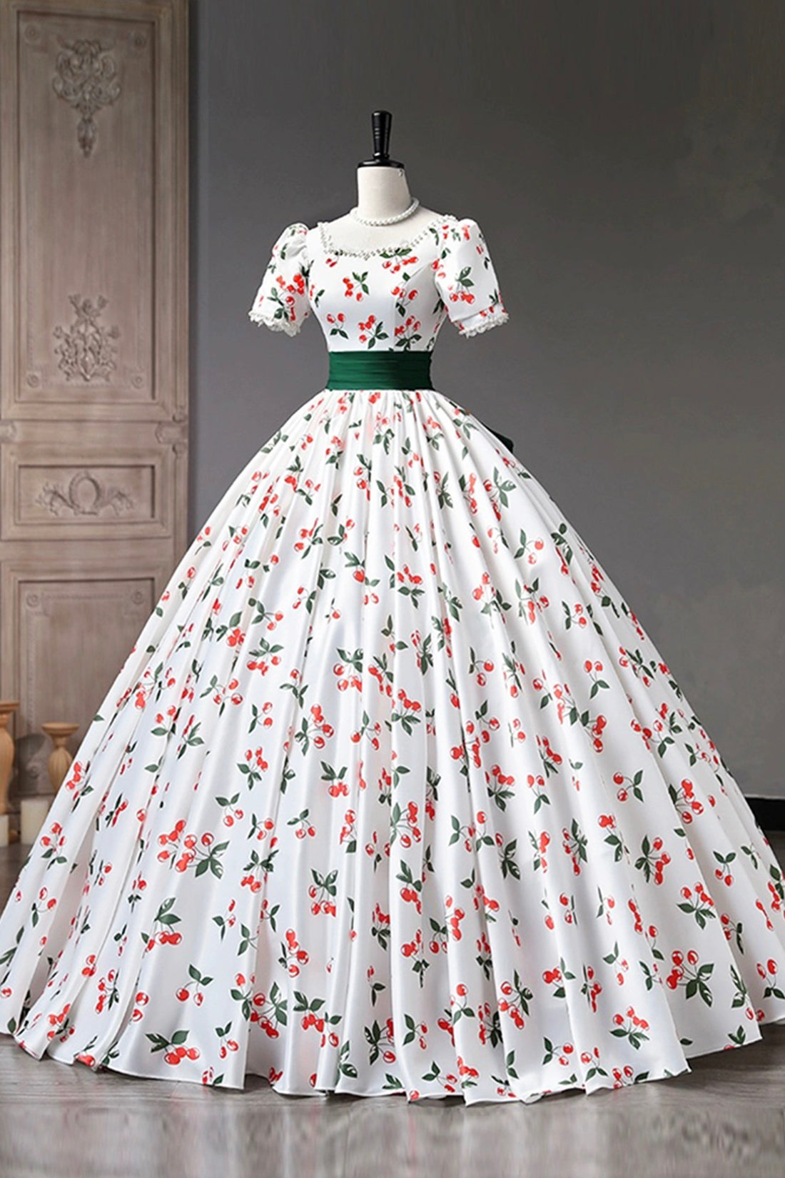 Cute Cherry Pattern Long Princess Prom Dress, White A-Line Evening Party Dress