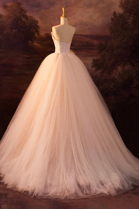 Champagne Strapless Tulle Long Prom Dress, Beautiful A-Line Tulle Formal Evening Dress