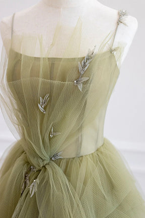 Green Tulle Long A-Line Prom Dress, Beautiful Spaghetti Strap Evening Dress