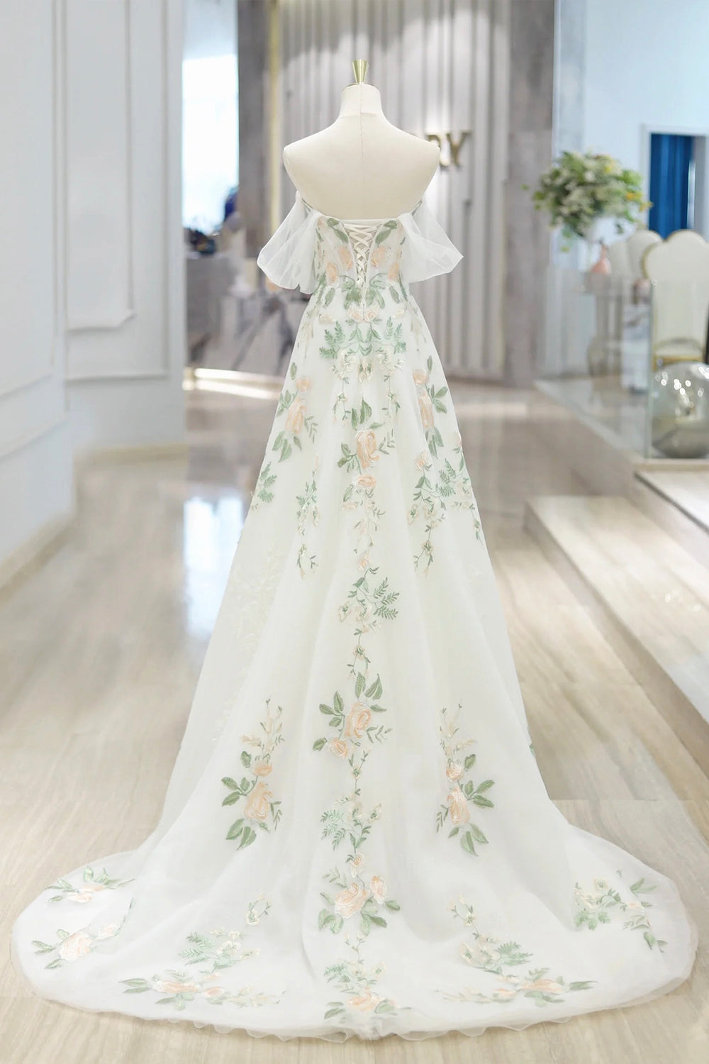 Beautiful Floral Lace Tulle Long Prom Dress, White Off the Shoulder Ev