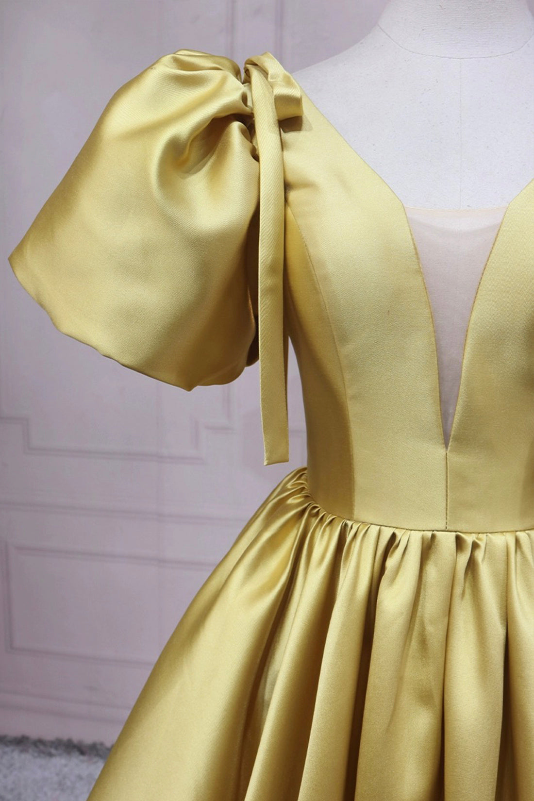 Yellow V-Neck Satin Long Prom Dress, A-Line Puff Sleeves Evening Party Dress