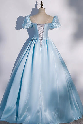 Blue Satin Long Prom Dress, Blue A-Line Scoop Neckline Short Sleeve Evening Dress