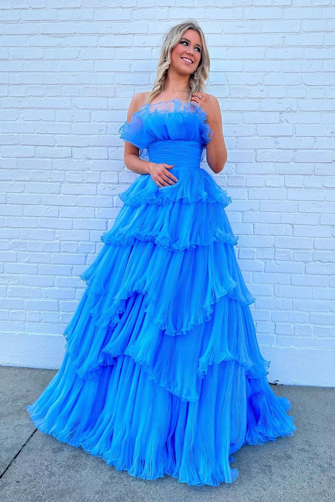 Blue Strapless Princess Tulle Layers Ruffles Long Prom Dress