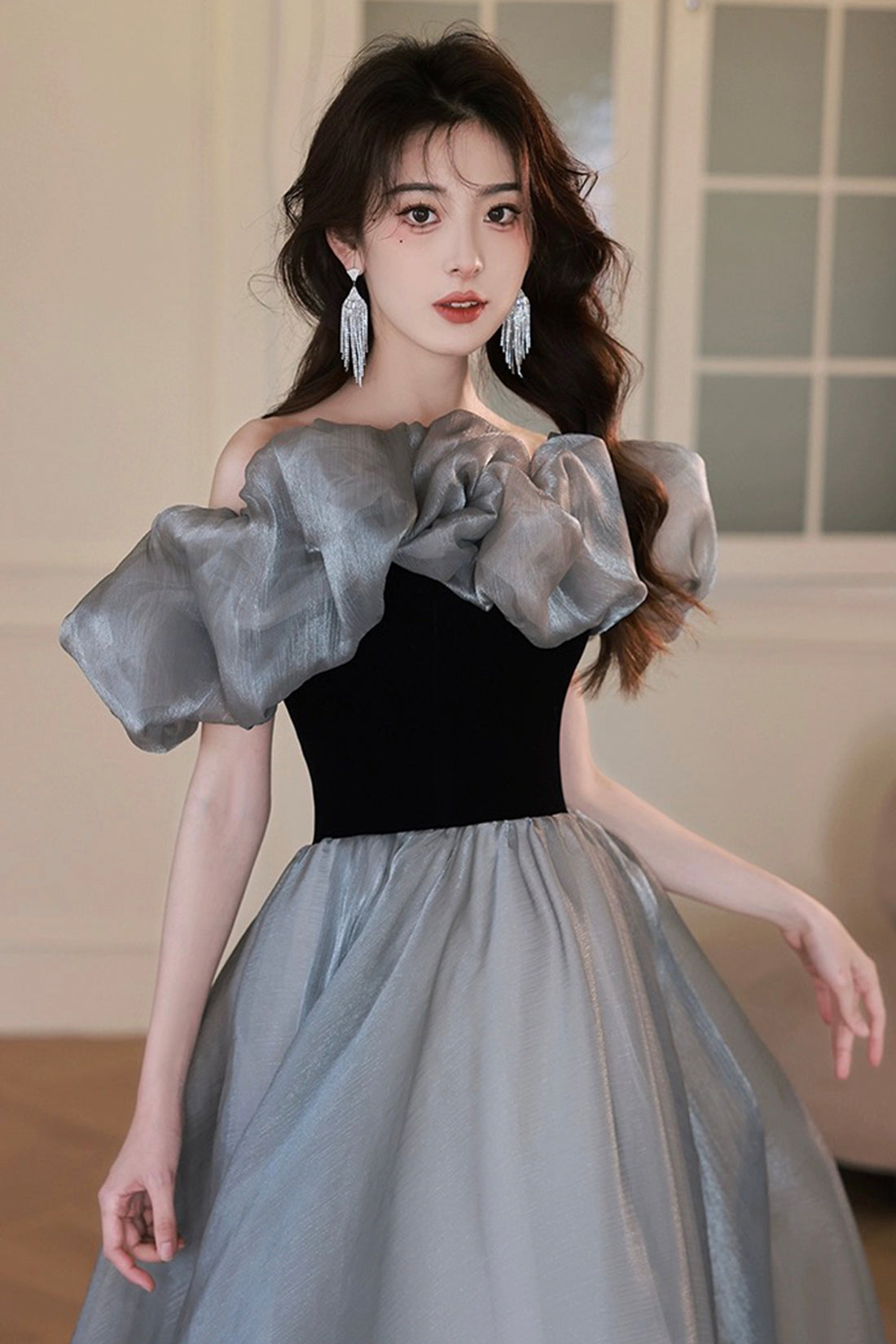 grey velvet prom dress Grey Velvet Pearls Flowers Halter V-neck Mermaid Prom Dress