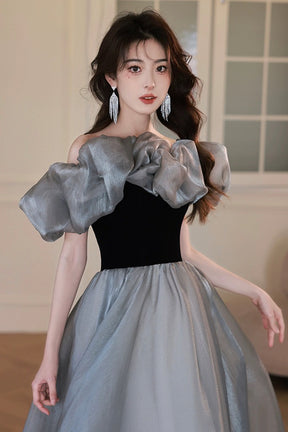 Gray Tulle and Black Velvet Long Prom Dress, Off the Shoulder Evening Party Dress