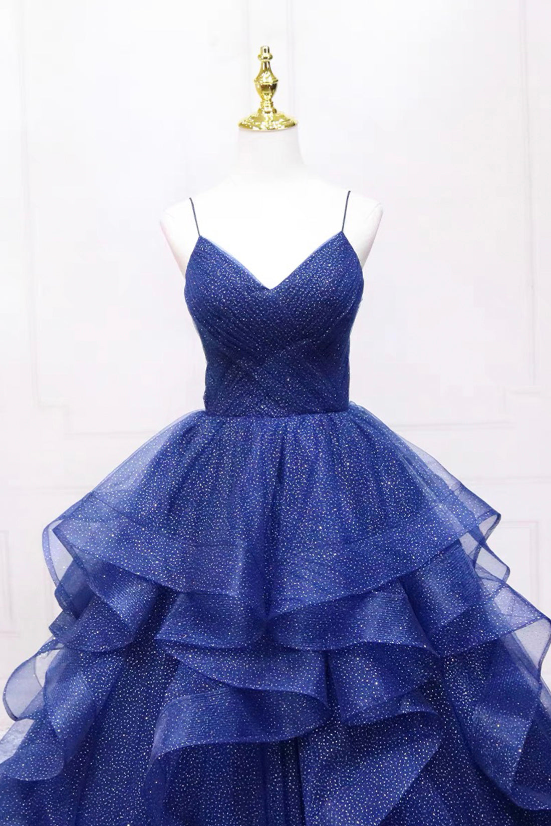 Dark Blue Tulle Layers Long Formal Dress, Blue Tulle with Straps Party Dress