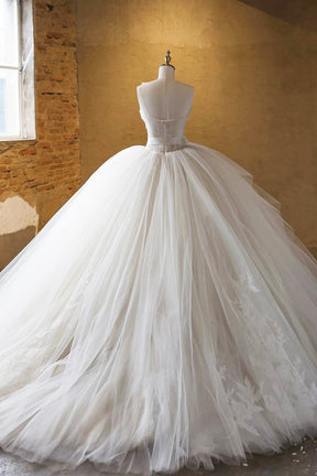 Light Champagne Ball Gown Tulle Sweetheart Long Prom Dress, Beautiful Formal Dress Wedding Dress