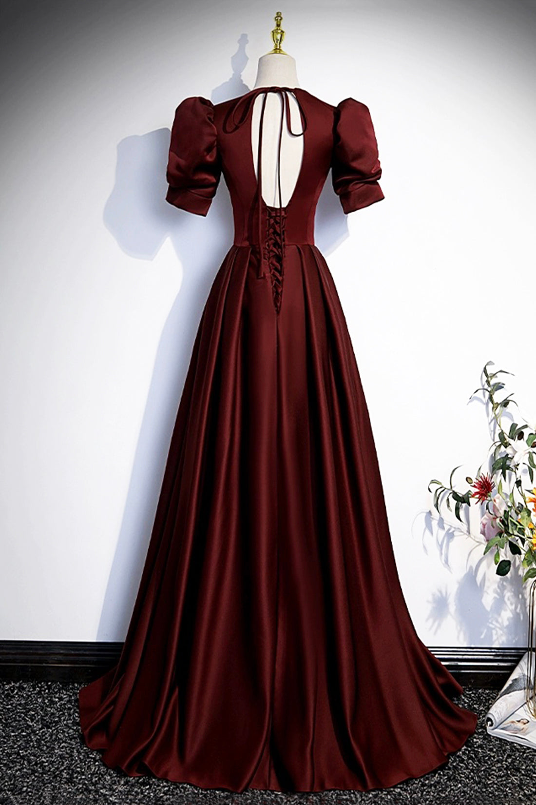 Burgundy V-Neck Satin Long Prom Dress, Simple Short Sleeve Evening Par Burgundy V-Neck Satin Long Prom Dress, Simple Short Sleeve Evening Par