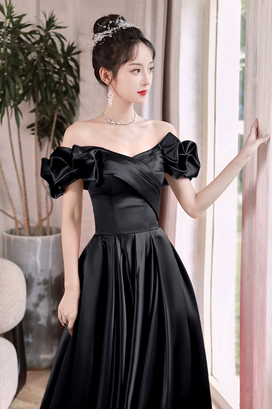 Black Satin Floor Length A-Line Prom Dress, Off the Shoulder Evening Party Dress