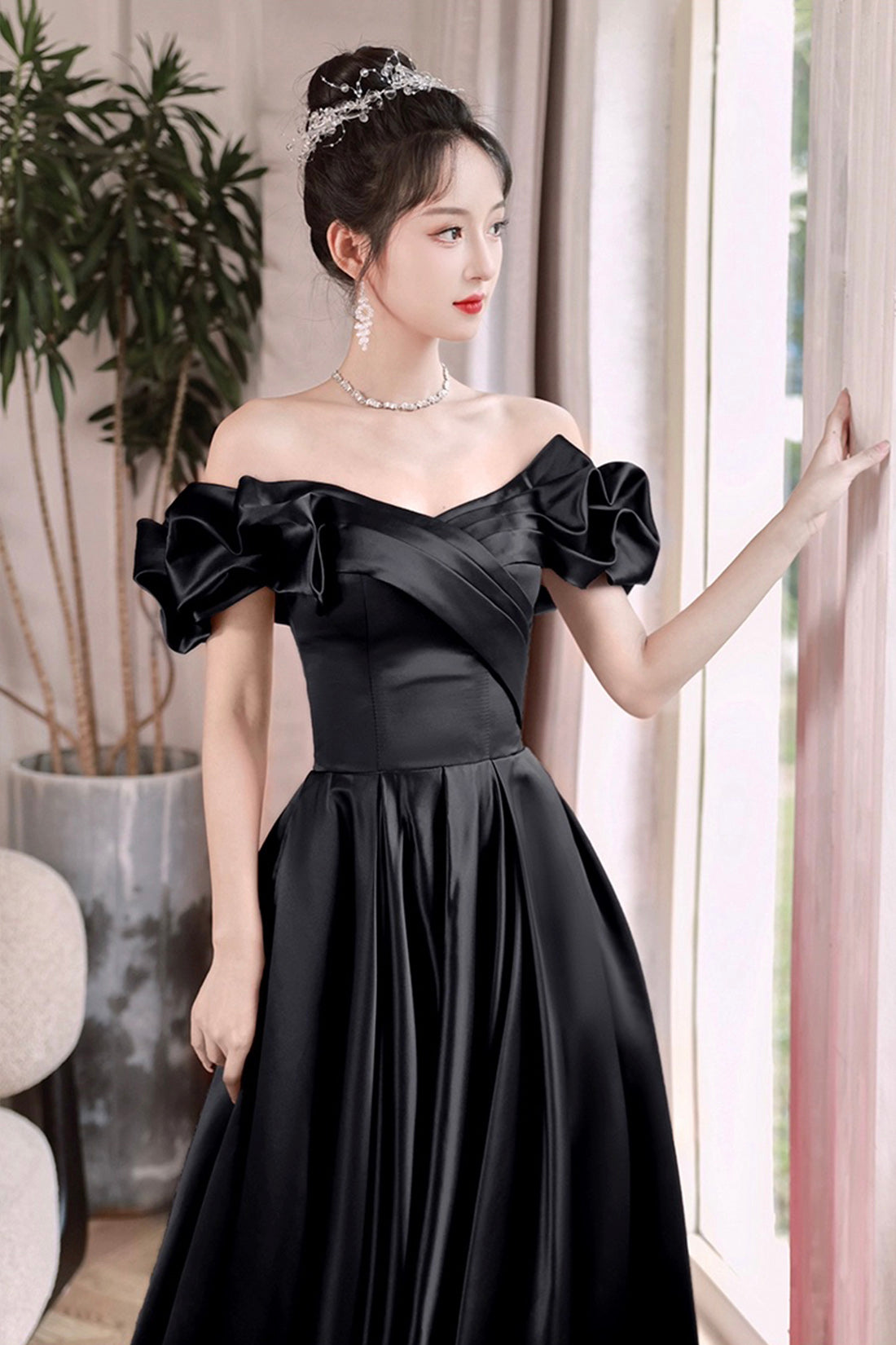 Black Satin Floor Length A-Line Prom Dress, Off the Shoulder Evening P