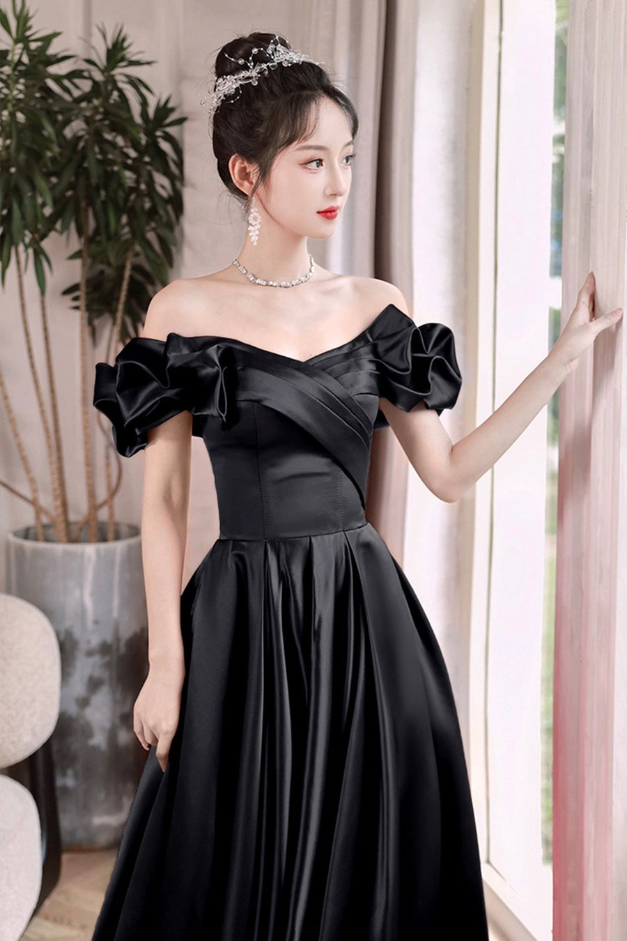 Black Satin Floor Length A-Line Prom Dress, Off the Shoulder Evening P