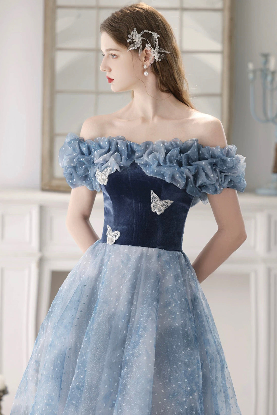 Blue Velvet and Spotted Tulle Floor Length Prom Dress, Elegant Off the Shoulder Evening Party Dress