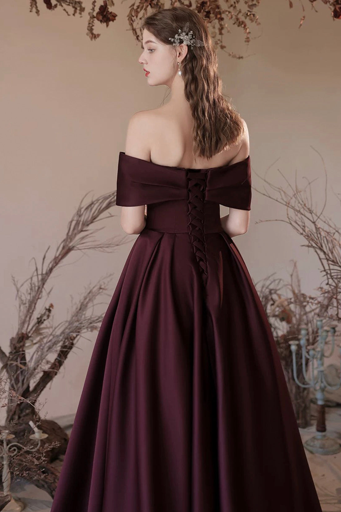 Elegant Satin Floor Length Prom Dress, A-Line Off the Shoulder Formal Party Dress