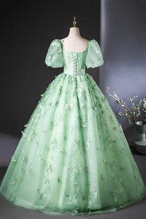 Green Tulle Long A-Line Prom Dress with Butterfly Lace, Beautiful  Short Sleeve Evening Dress