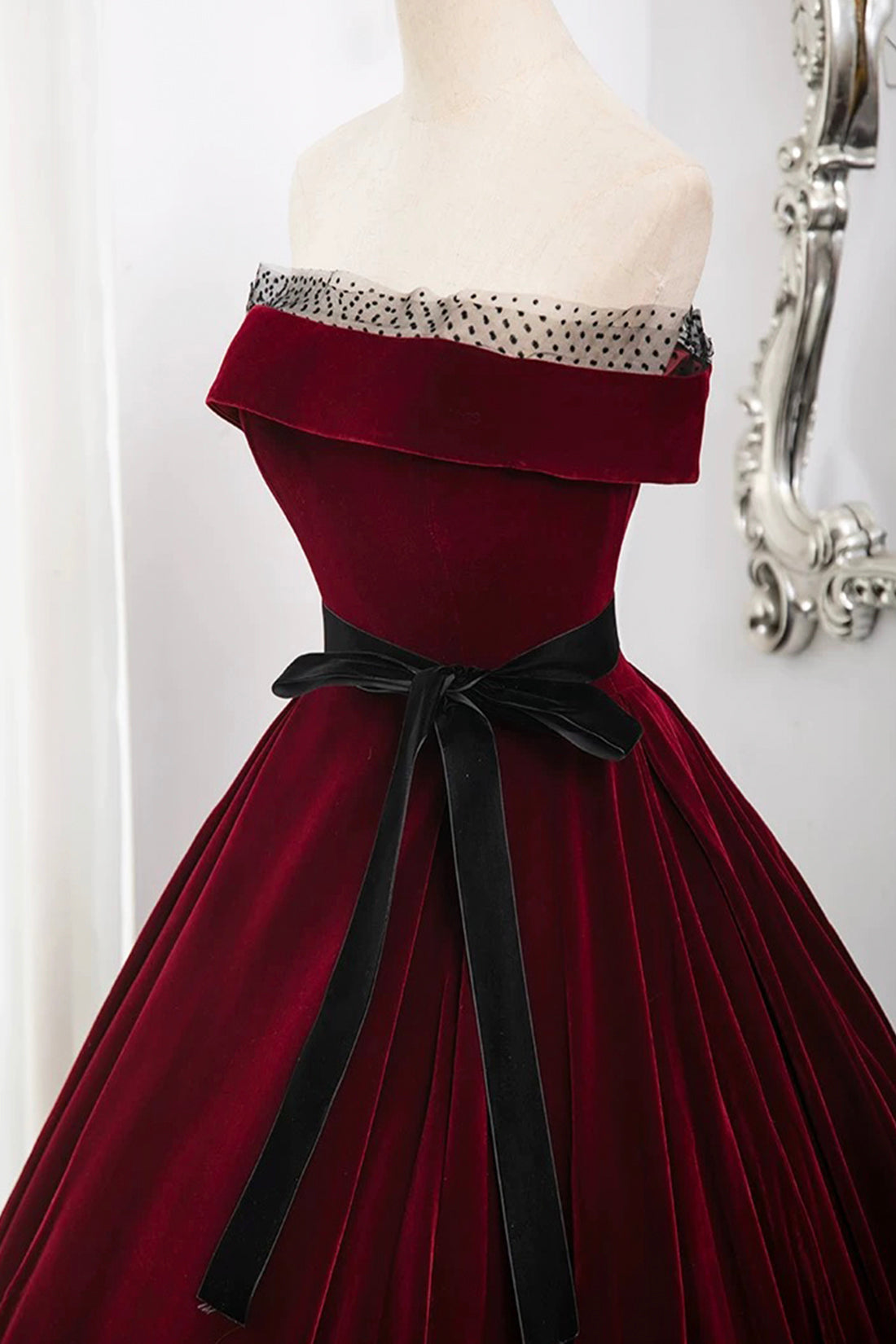 Burgundy Velvet Long Formal Dress, Off the Shoulder Evening Party Dress