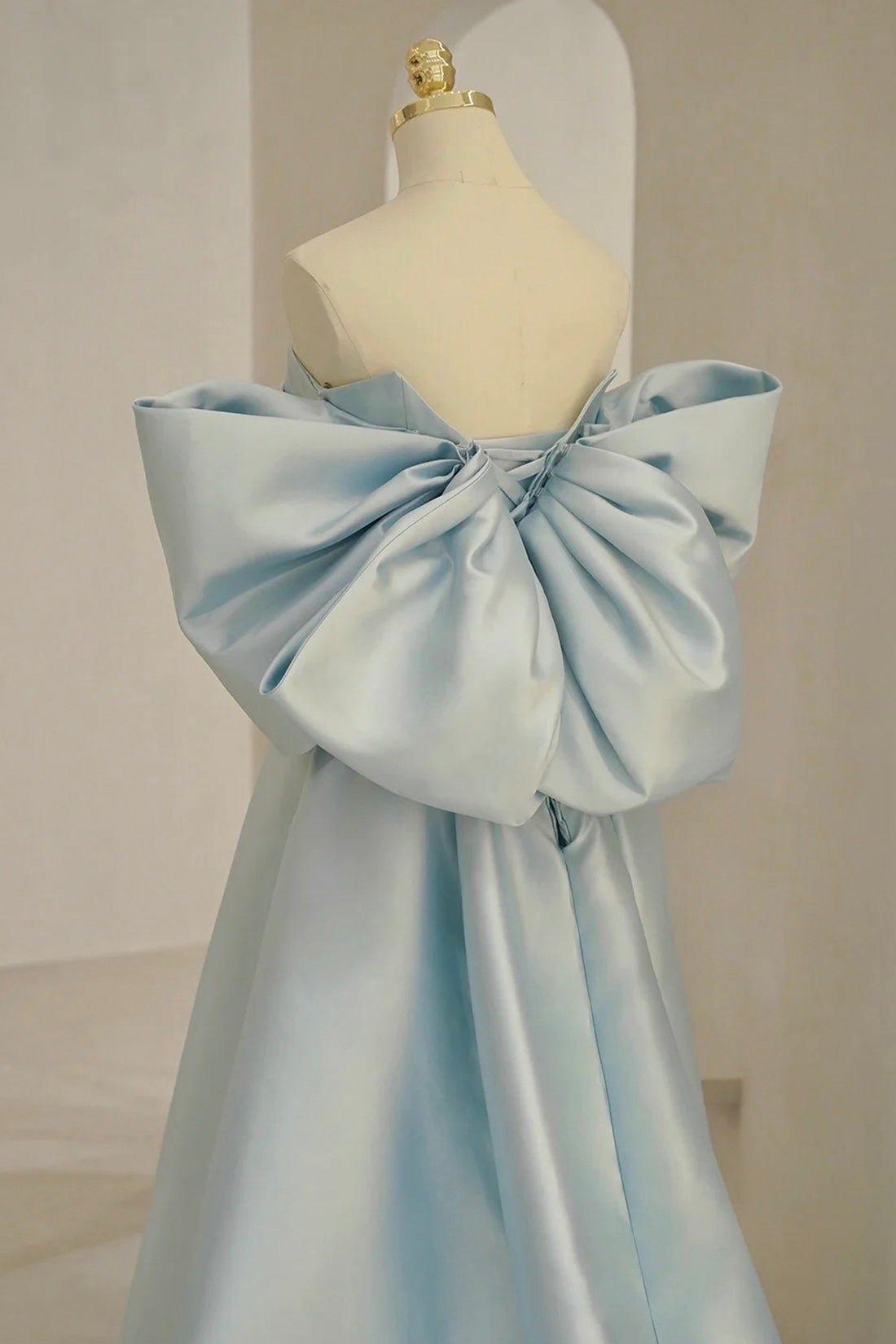 Blue Satin Long Prom Dress with Big Bow, Blue A-Line Evening Party Dre Blue Satin Long Prom Dress with Big Bow, Blue A-Line Evening Party Dre