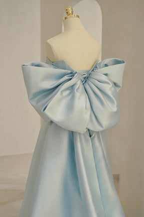 Blue Satin Long Prom Dress with Big Bow, Blue A-Line Evening Party Dress