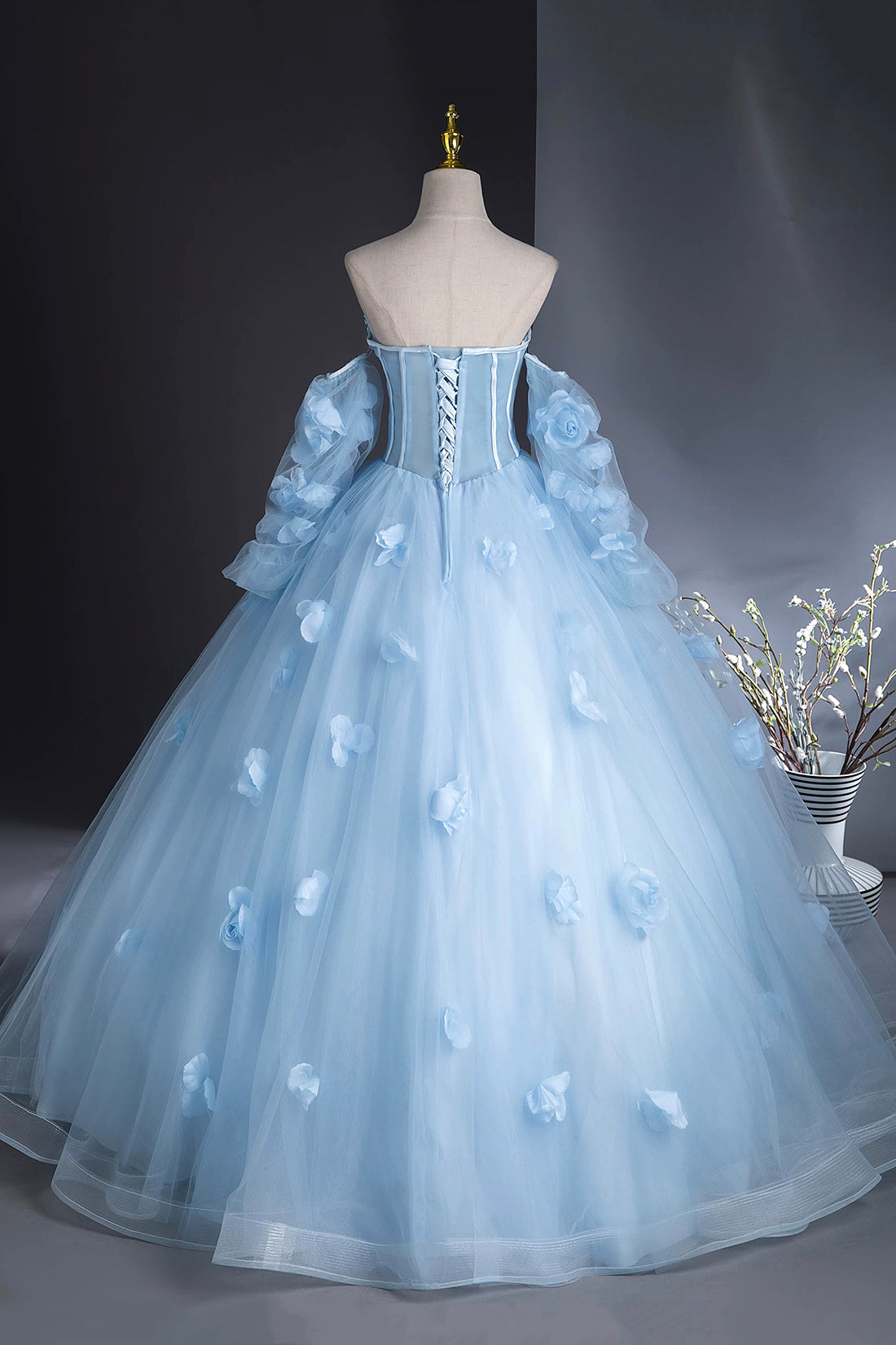 Blue Tulle Long Sleeves Formal Dress with Flowers, Blue A-Line Prom Party Dress