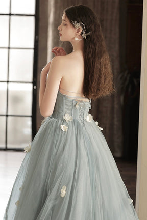 A-Line Gray Tulle Strapless Floor Length Prom Dress, Beautiful Backless Evening Party Dres with Flowers