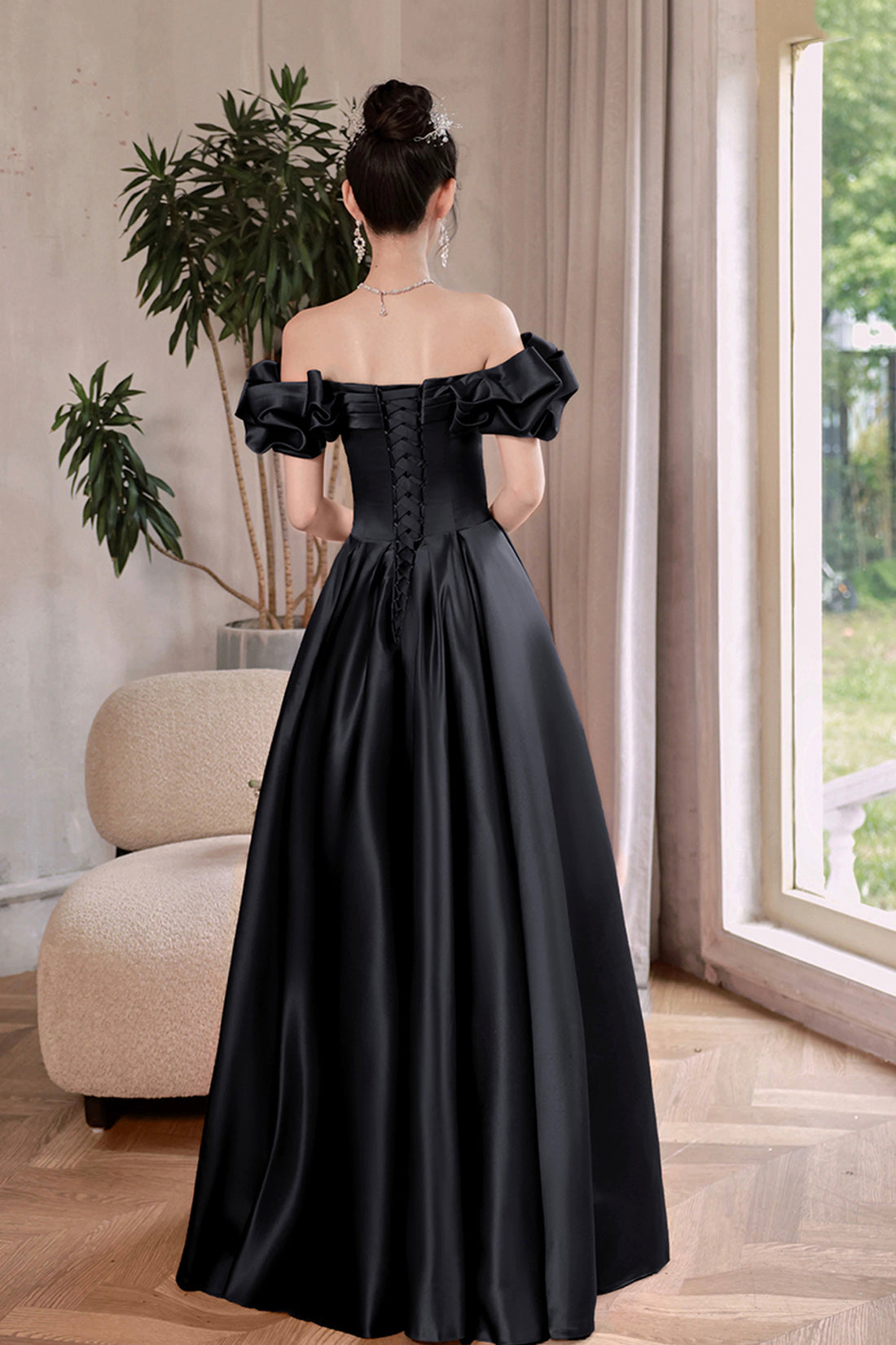 Black Satin Floor Length A-Line Prom Dress, Off the Shoulder Evening Party Dress