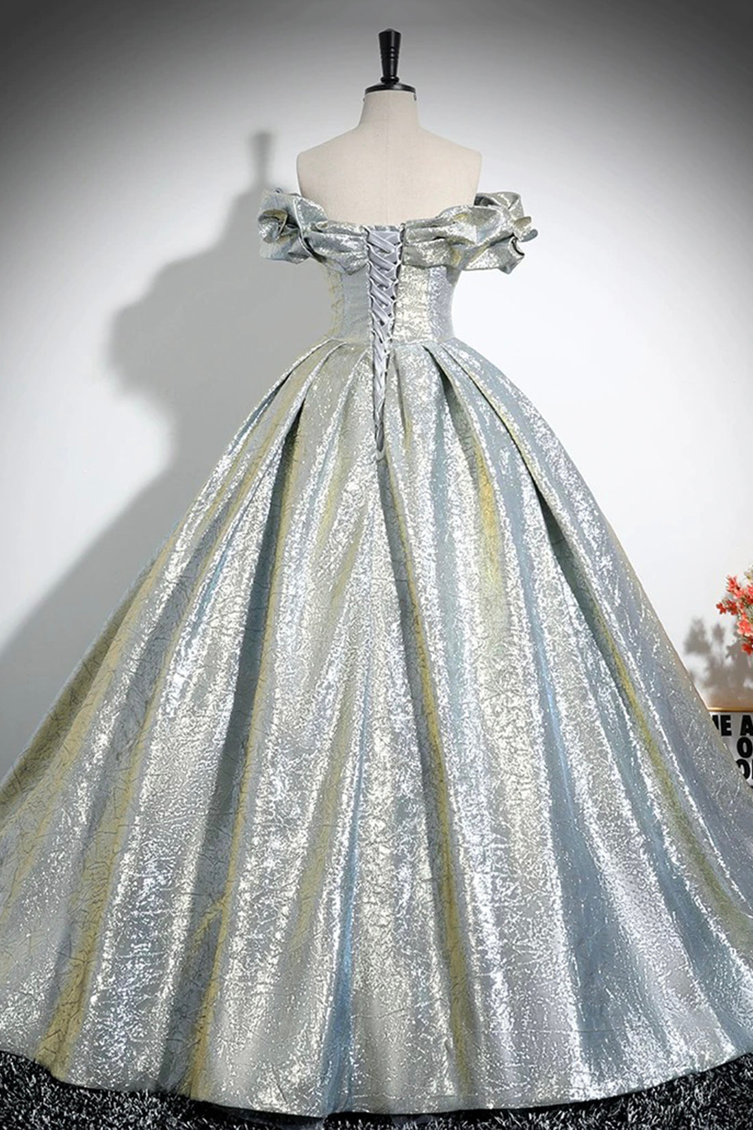 Silver Glitter Satin Off the Shoulder Prom Dress, A-Line Backless Floor-Length Formal Dress