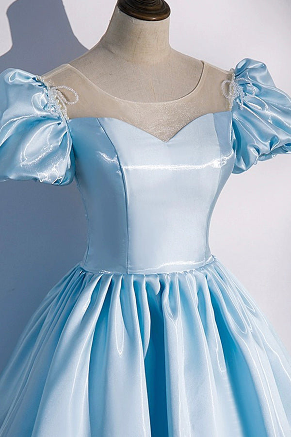 Blue Long Sleeves Scoop Lace A Line Detachable Train Prom Formal Dress
