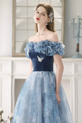 Blue Velvet and Spotted Tulle Floor Length Prom Dress, Elegant Off the Shoulder Evening Party Dress