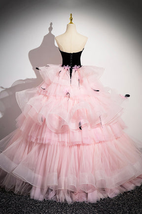 Black Velvet and Pink Tulle Strapless Ball Gown, Pink Backless Ruffles Formal Evening Dress