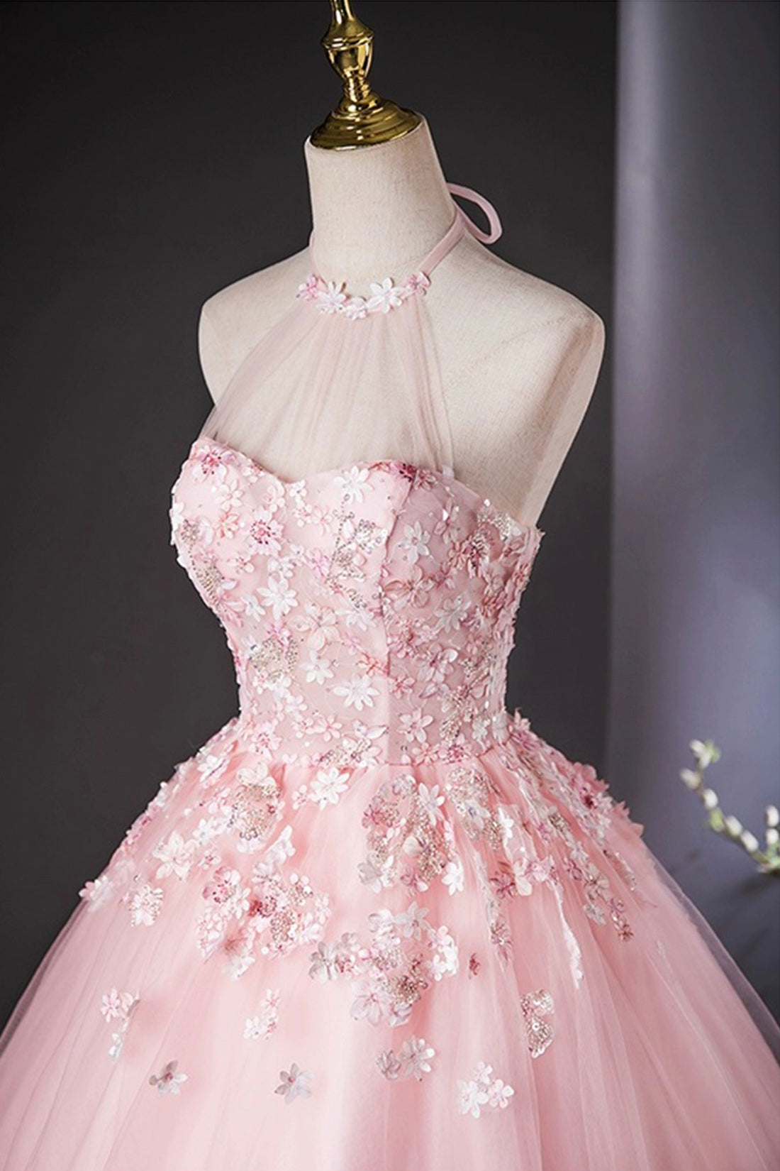 Pink Halter Tulle Flowers Long Prom Dress, Beautiful Backless Evening Party Dress