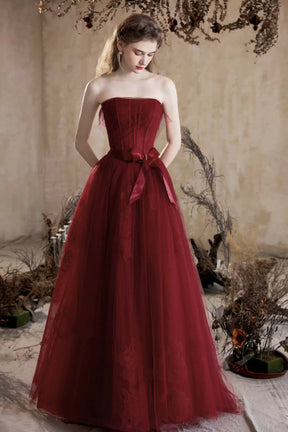 Burgundy Tulle Lace Long Prom Dress, A-Line Strapless Formal Evening Dress