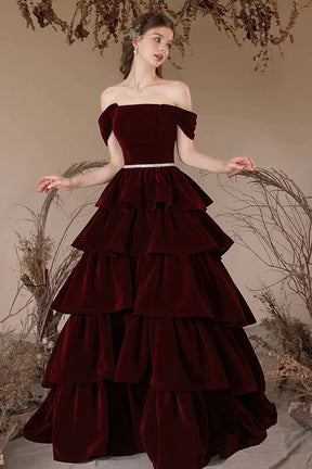 A-Line Velvet Layers Long Prom Dress, Beautiful Burgundy Off the Shoulder Evening Party Dress