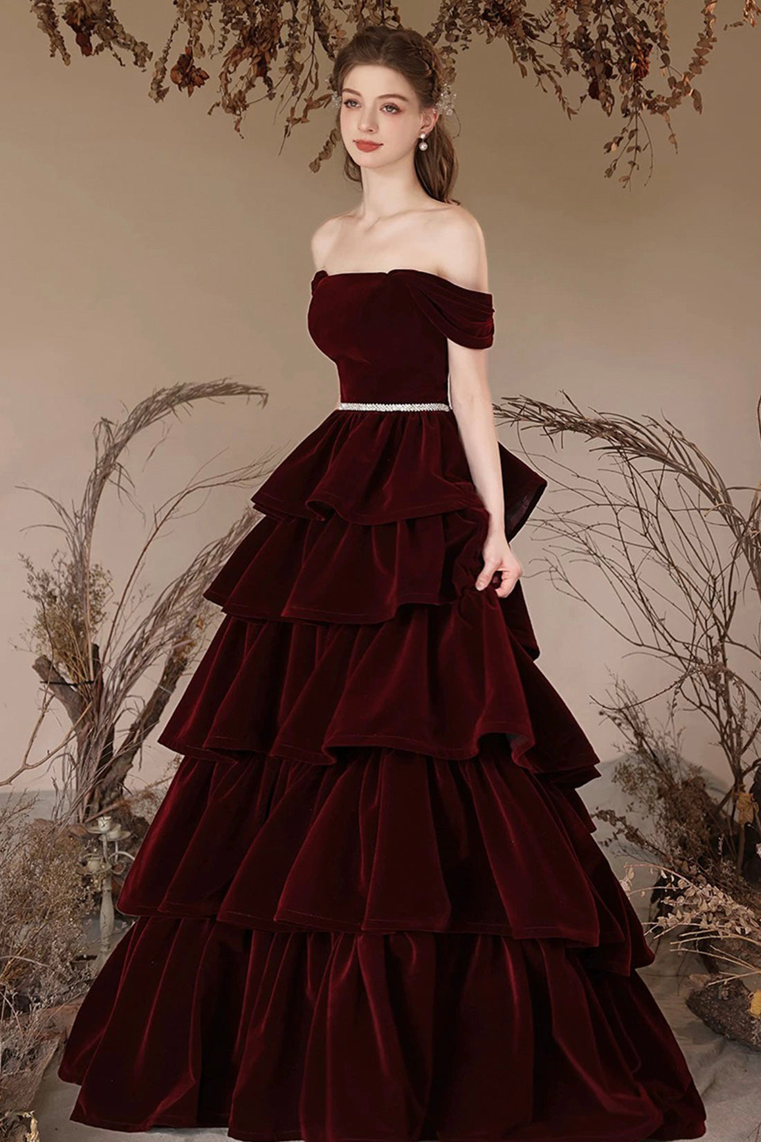 A-Line Velvet Layers Long Prom Dress, Beautiful Burgundy Off the Shoulder Evening Party Dress