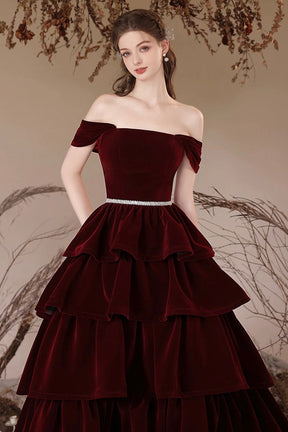 A-Line Velvet Layers Long Prom Dress, Beautiful Burgundy Off the Shoulder Evening Party Dress