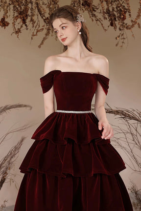 A-Line Velvet Layers Long Prom Dress, Beautiful Burgundy Off the Shoulder Evening Party Dress