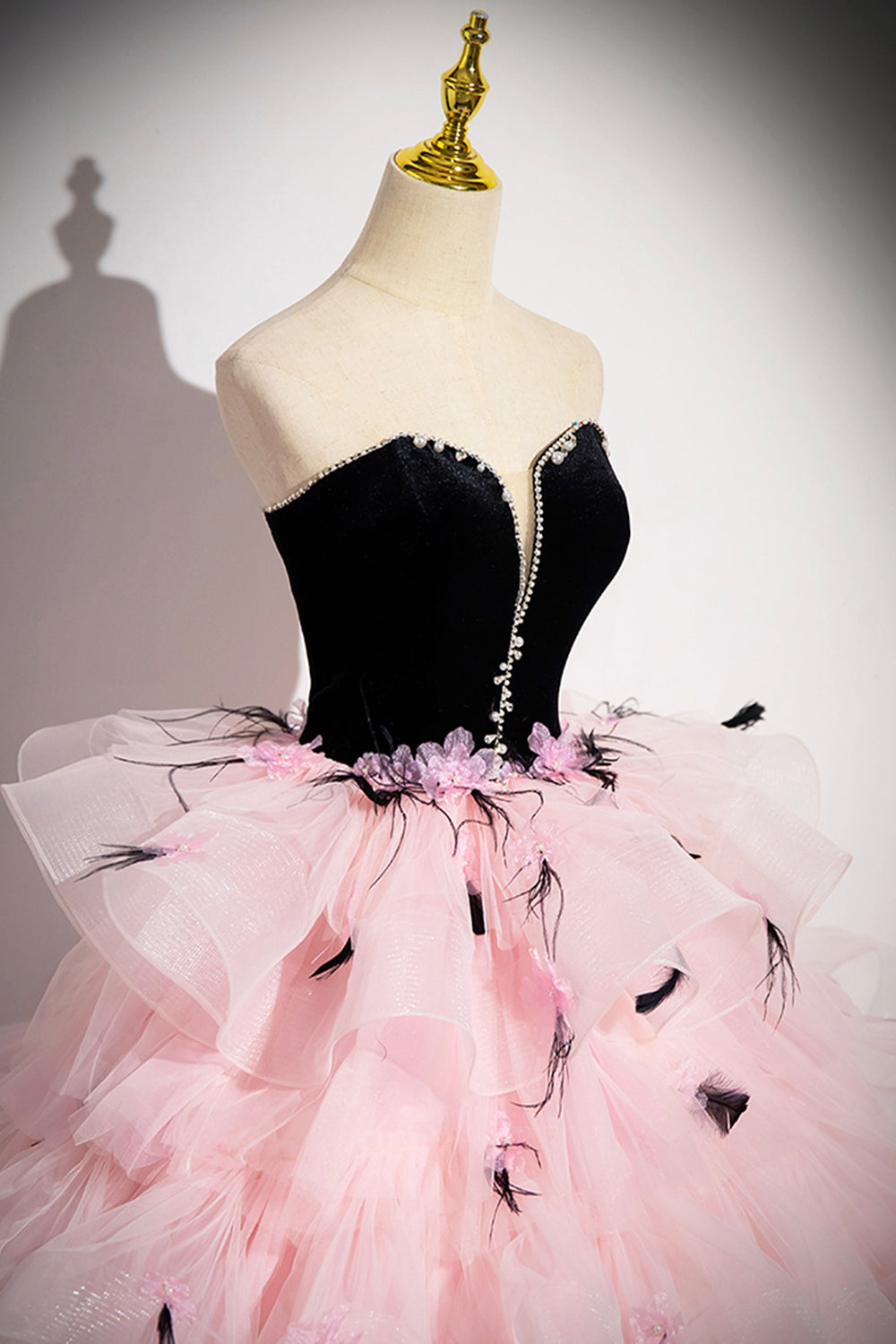 Black Velvet and Pink Tulle Strapless Ball Gown, Pink Backless Ruffles