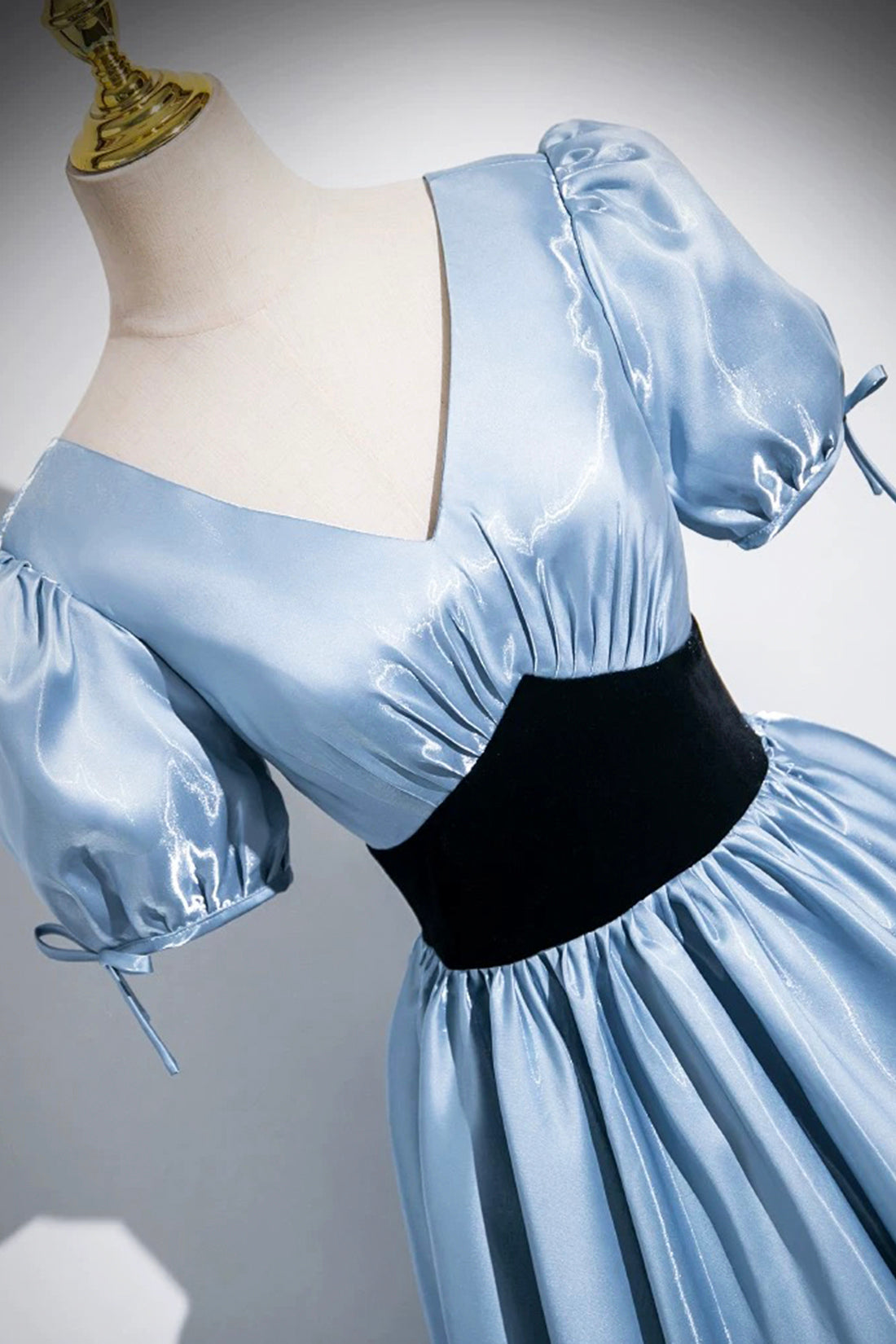 Blue Satin and Black Velvet Long Prom Dress, A-Line V-Neck Short Sleeve Evening Dress