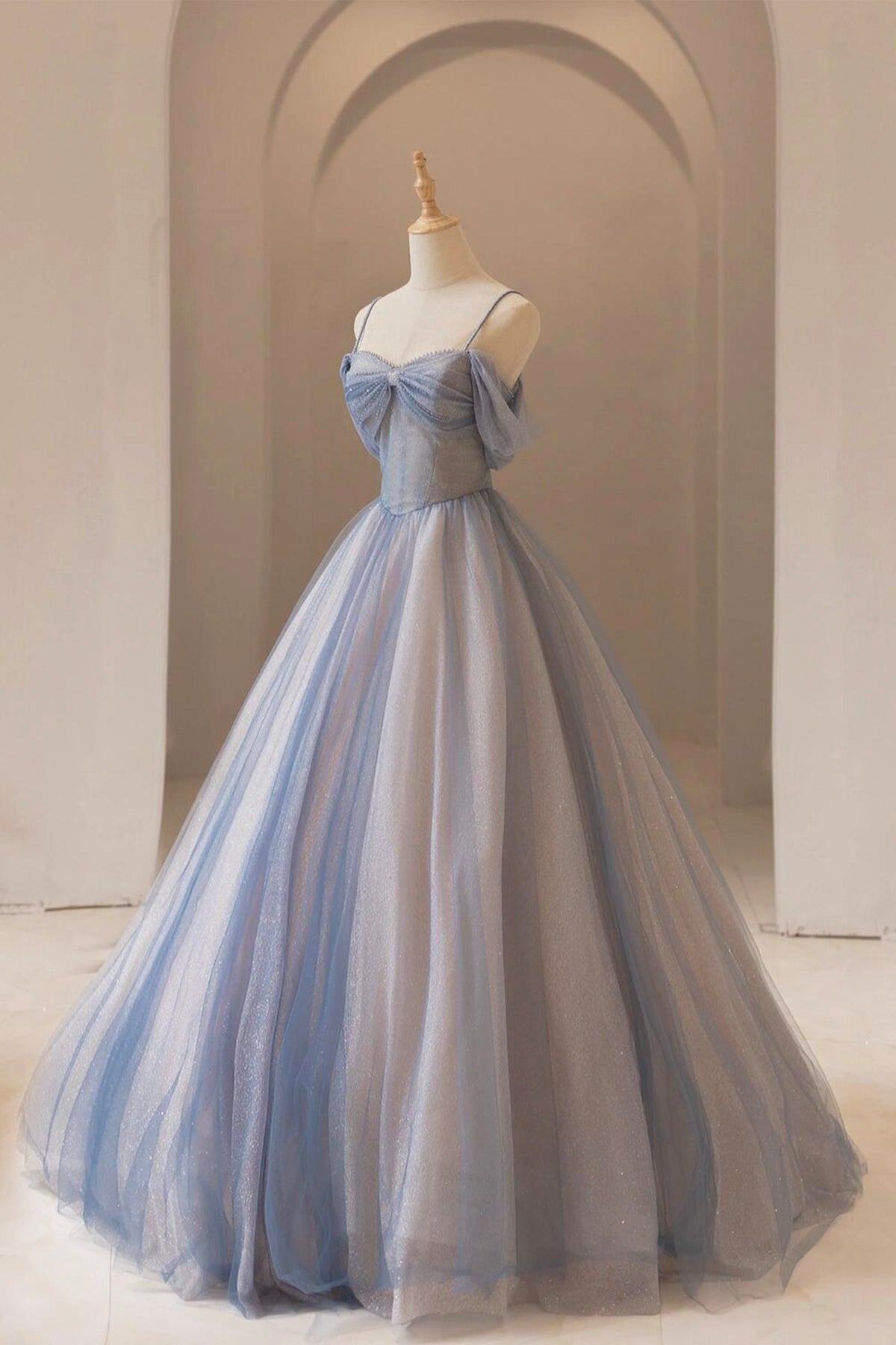 Blue Spaghetti Strap Shiny Tulle Long Prom Dress, Beautiful A-Line Evening Dress