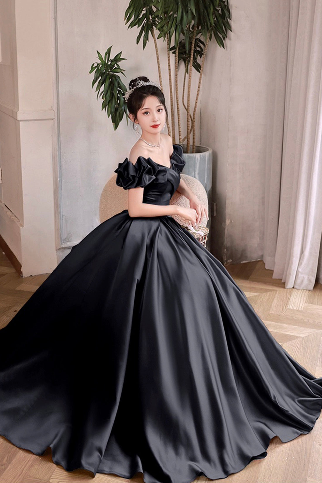Black Satin Floor Length A-Line Prom Dress, Off the Shoulder Evening P Black Satin Floor Length A-Line Prom Dress, Off the Shoulder Evening P