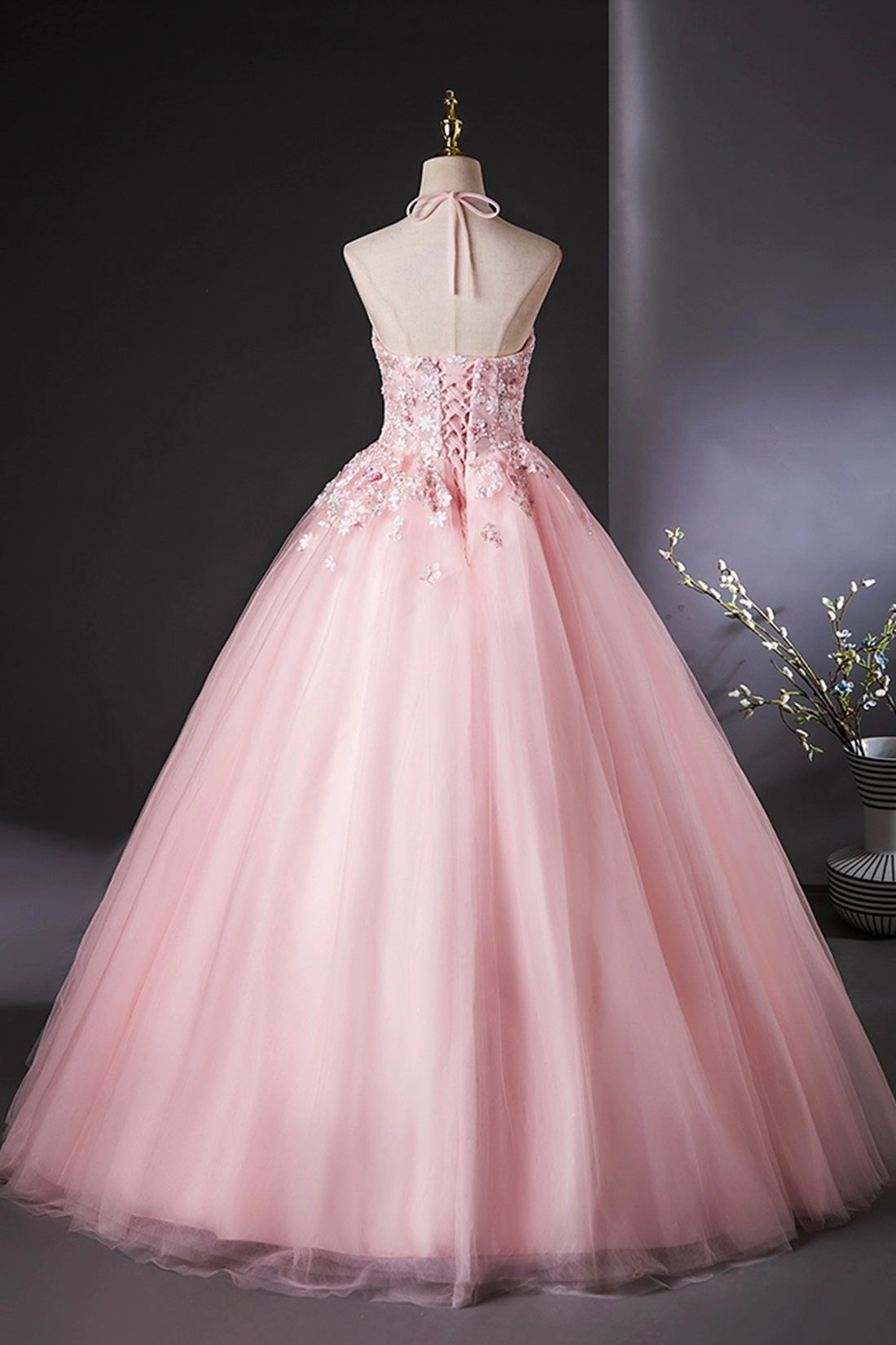 Pink Halter Tulle Flowers Long Prom Dress, Beautiful Backless Evening Party Dress