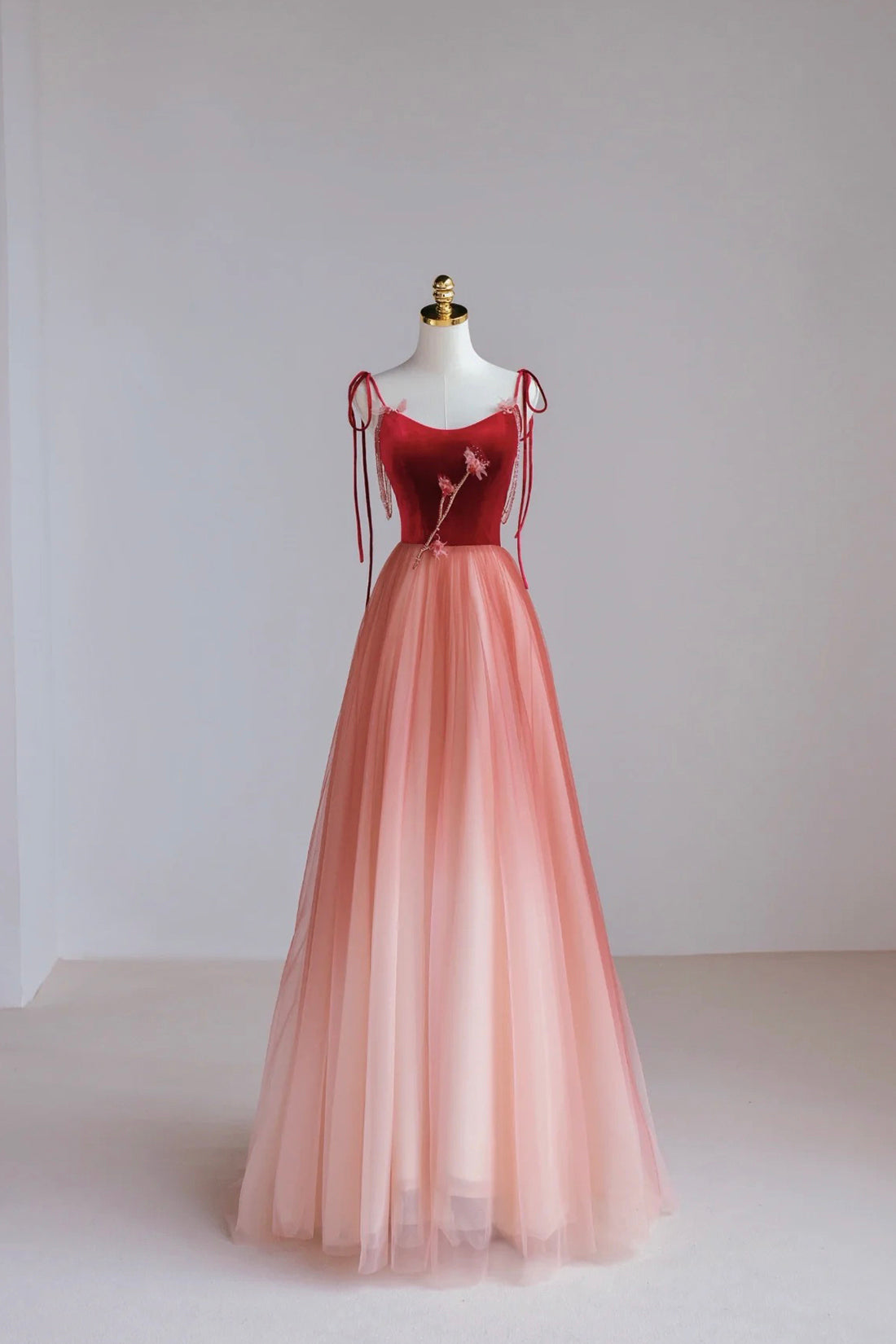 Burgundy Velvet Tulle Long Formal Dress, Beautiful A-Line Spaghetti St Burgundy Velvet Tulle Long Formal Dress, Beautiful A-Line Spaghetti St