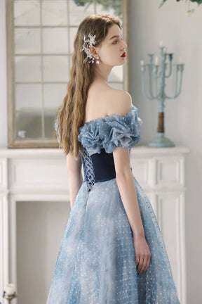 Blue Velvet and Spotted Tulle Floor Length Prom Dress, Elegant Off the Shoulder Evening Party Dress