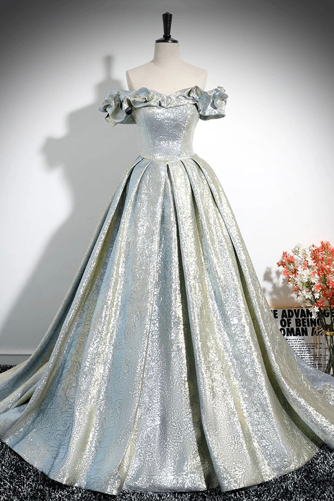 Silver Glitter Satin Off the Shoulder Prom Dress, A-Line Backless Floor-Length Formal Dress