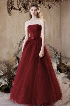 Burgundy Tulle Lace Long Prom Dress, A-Line Strapless Formal Evening Dress