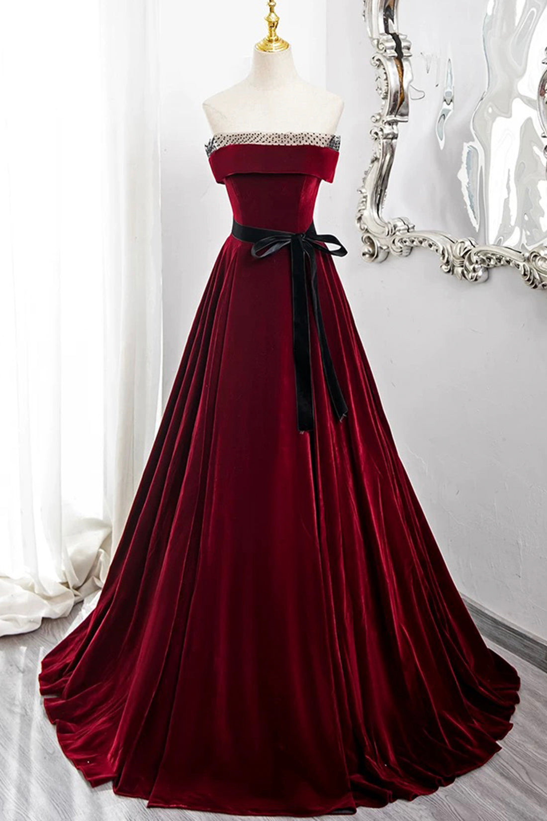 Burgundy Velvet Long Formal Dress, Off the Shoulder Evening Party Dress