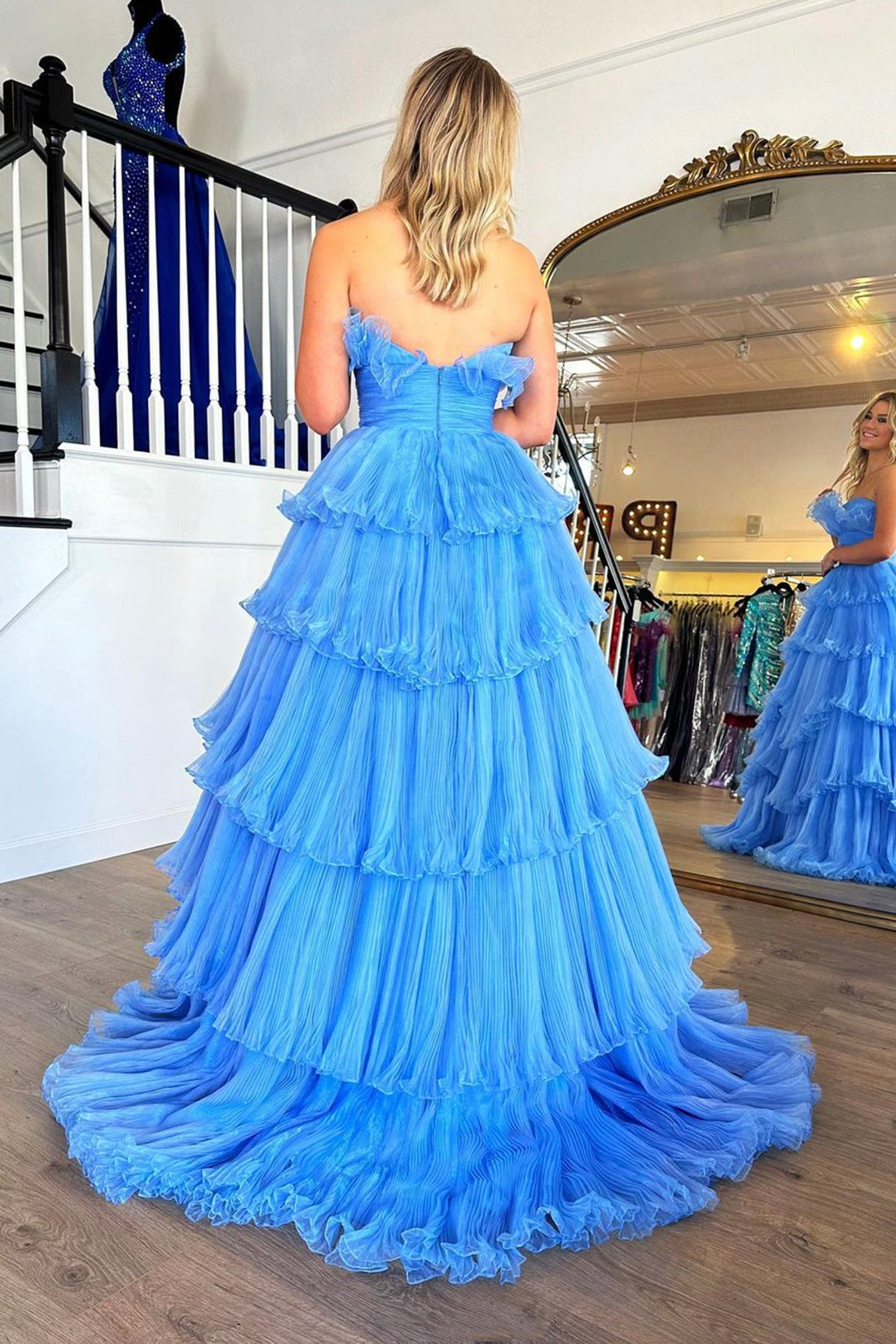 Blue Strapless Princess Tulle Layers Ruffles Long Prom Dress Blue Strapless Princess Tulle Layers Ruffles Long Prom Dress