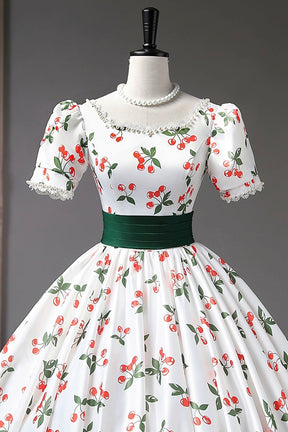 Cute Cherry Pattern Long Princess Prom Dress, White A-Line Evening Party Dress