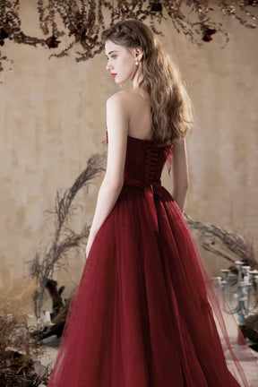 Burgundy Tulle Lace Long Prom Dress, A-Line Strapless Formal Evening Dress